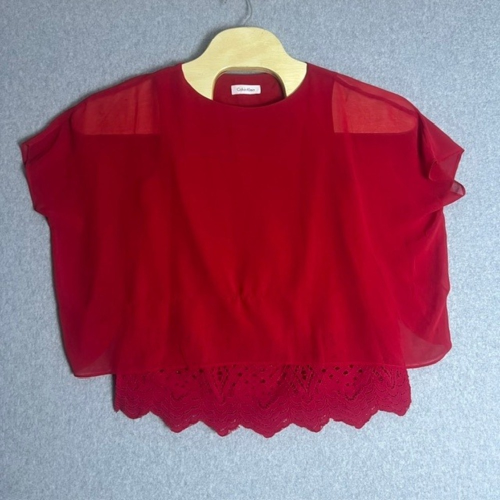 Calvin Klein Women's Red‎ Blouse Sheer Overlay Lace Trim Party Top